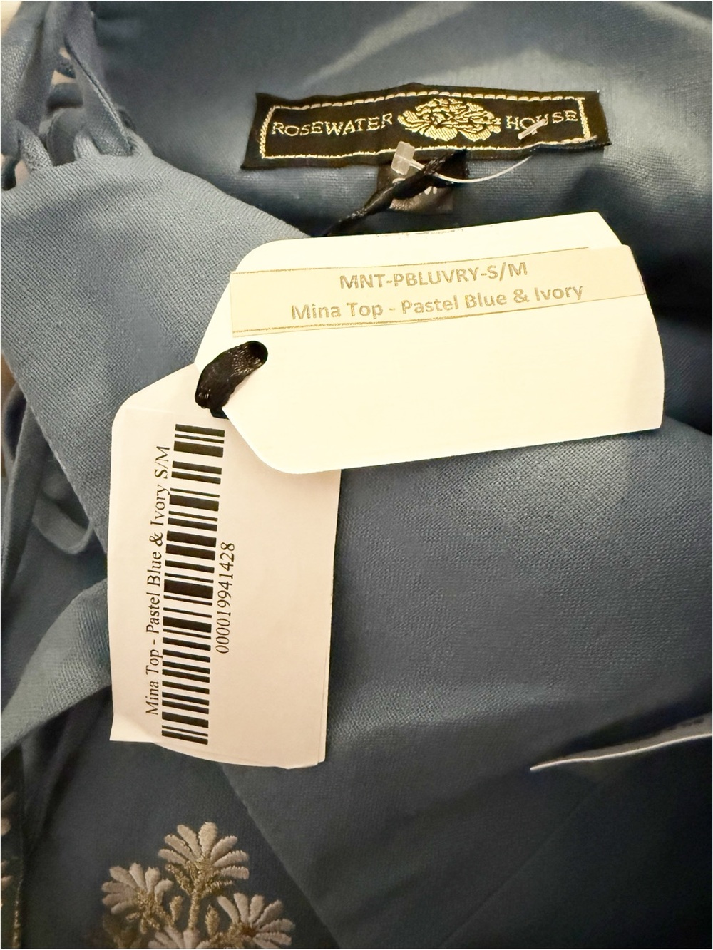 Rosewaterhouse Mina Linen Embroidered Peplum Floral Top in Pastel Blue/Ivory NEW - Picture 13 of 14